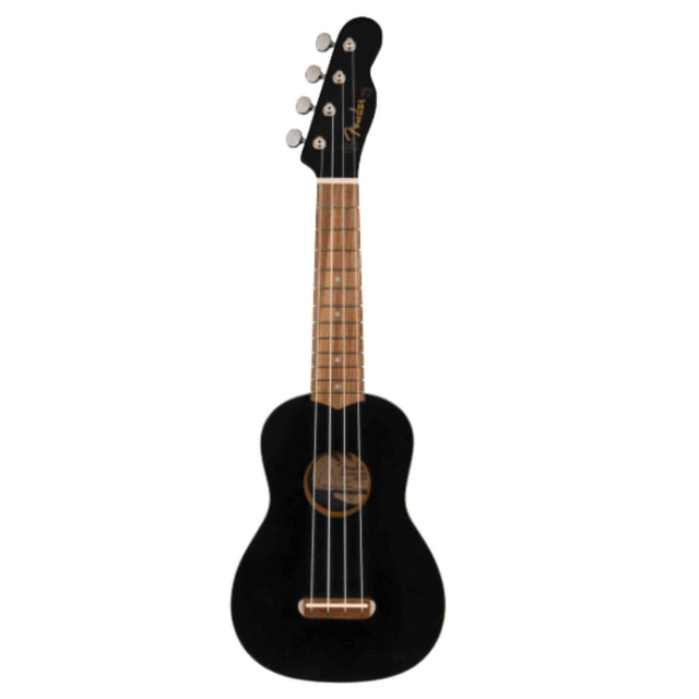 The image shows a black ukulele with a classic small body, natural wood neck and fretboard with markers, four strings, and four tuning pegs on a black headstock featuring "Fender" branding. It has a central sound hole and a bridge at the bottom. The ukulele is likely soprano or concert size, combining a sleek black finish with traditional design.