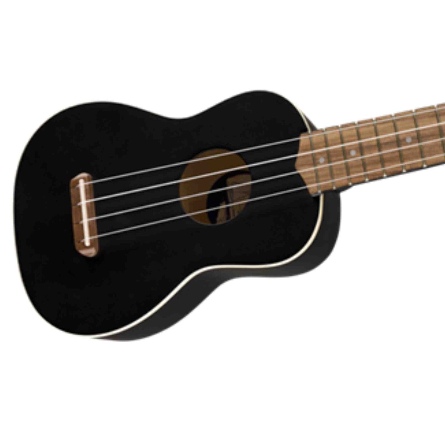 The image shows a black acoustic ukulele with a glossy finish and light binding. It has a natural wood-colored neck and fretboard with dot markers, four nylon strings, and a traditional sound hole. The ukulele features a bone or plastic nut and a compact soprano or concert body, offering a sleek, classic look typical of student or intermediate models.