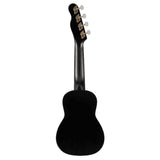 The image shows the silhouette of a black bass guitar or bass ukulele viewed from the back against a white background. It features a headstock with four tuning pegs with white buttons, a long neck, and a classic guitar-shaped body with curved sides. The four-string setup and proportions suggest it is likely a bass guitar. The clean, simple presentation indicates it may be a product photo for a music store or online catalog.