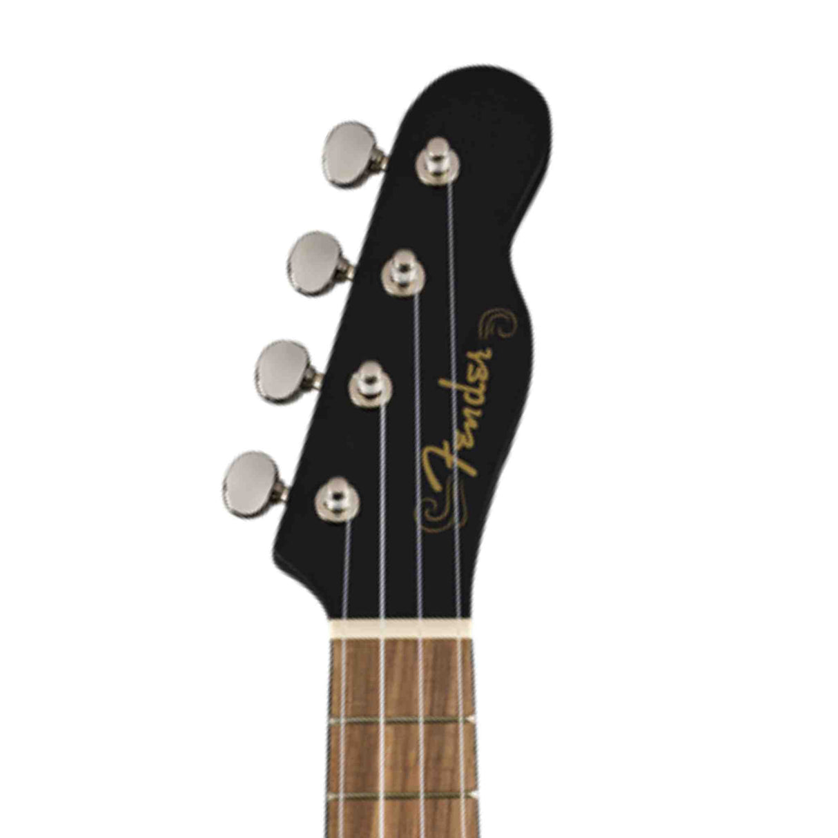 The image shows the black headstock of a Fender 4-string bass guitar with the classic Fender shape. It features four chrome tuning pegs on one side, a gold Fender logo, a white string nut, and part of the wooden fretboard with fret markers. The string thickness and spacing confirm it is a bass guitar. The design reflects Fender’s iconic style with black finish and chrome hardware.