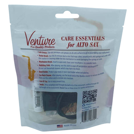 The image shows a Venture Care Essentials kit for Alto Saxophone maintenance. It includes cork grease, duster and mouthpiece brushes, a polishing cloth, reed holder, sax neck cleaner, case ID tag, and swabs. Designed for proper care and gentle handling, this comprehensive kit helps keep saxophones clean and in good condition. Made in the USA, likely by McMillan Music.