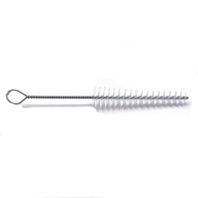 The image shows a specialized cleaning brush for wind instruments, featuring a long, flexible twisted wire handle with white synthetic bristles arranged cylindrically. It has a looped end for easy handling and hanging. Designed to clean the interior bores of instruments like flutes, clarinets, and trumpets, it helps remove moisture and debris to maintain sound quality and prolong instrument life.