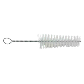 The image shows a cylindrical musical instrument cleaning brush with white bristles around a twisted wire core and a loop handle. Designed for wind instruments like flutes, clarinets, and oboes, it cleans interior surfaces by removing moisture and debris without scratching. This essential tool helps maintain sound quality and is commonly used by woodwind players for regular instrument care.