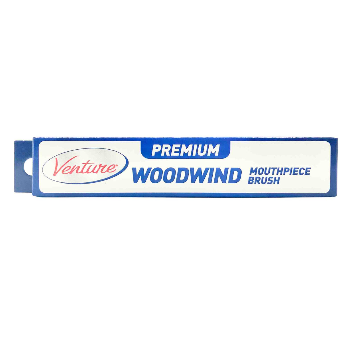 The image shows a Venture woodwind mouthpiece brush in blue and white packaging. The compact case features the Venture logo in red script and the label "Premium Woodwind Mouthpiece Brush." This specialized brush is designed to clean clarinet, saxophone, and other woodwind mouthpieces, helping remove moisture and debris to maintain hygiene, sound quality, and instrument longevity.