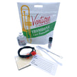 The image shows a Venture trombone care and maintenance kit, including a branded carrying bag, slide oil, slide grease, cleaning brushes (including a flexible snake brush), a cleaning cloth, and an ID card with fields for personal info and serial number. This starter kit provides essential tools for trombone cleaning and lubrication, suitable for both students and professionals.