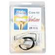 The image shows a Venture Flute Care Kit in clear blister packaging, containing essential cleaning tools for flute maintenance. Inside are a cleaning rod, a white pull-through swab with a weighted cord, and a cloth for removing moisture and debris from the flute. The label features the Venture brand and a flute illustration. This kit helps flute players keep their instrument clean and in good condition.