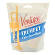 The image shows a clear plastic pouch with a hanging tab containing trumpet care products from Venture Pro-Quality Products. The package features red script branding, a blue banner labeled "TRUMPET Care Essentials," and a golden trumpet silhouette on the left. It is designed as a maintenance kit for trumpet players, likely including cleaning supplies and accessories to help maintain brass instruments.