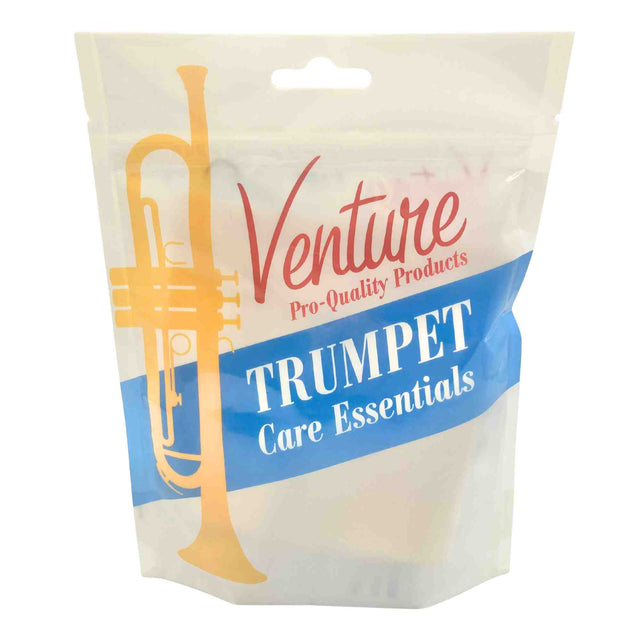The image shows a clear plastic pouch with a hanging tab containing trumpet care products from Venture Pro-Quality Products. The package features red script branding, a blue banner labeled "TRUMPET Care Essentials," and a golden trumpet silhouette on the left. It is designed as a maintenance kit for trumpet players, likely including cleaning supplies and accessories to help maintain brass instruments.