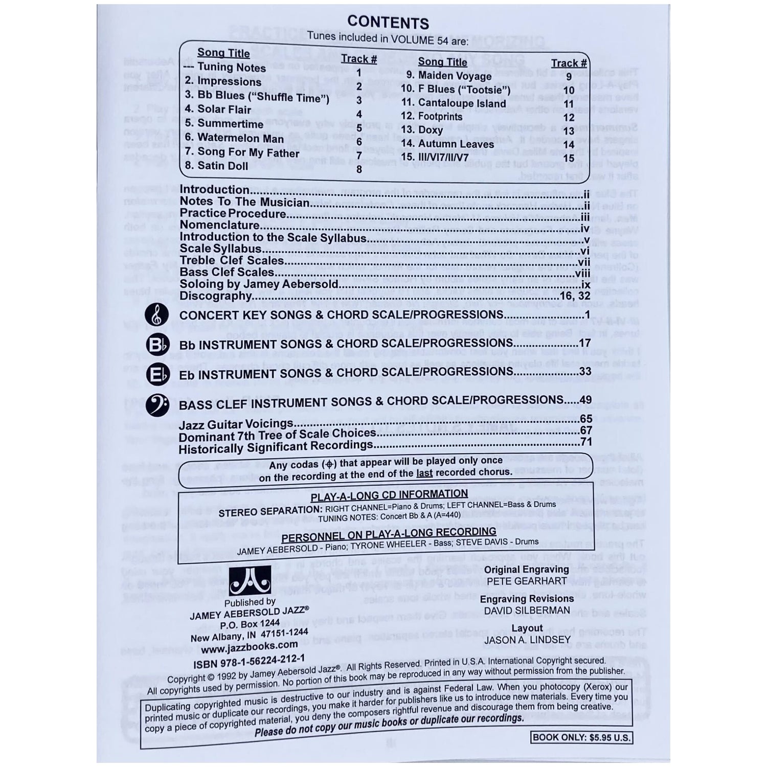 The image shows the table of contents from Jamey Aebersold Jazz Play-Along Volume 54, featuring 15 jazz standards like "Impressions" and "Autumn Leaves." It includes parts for various instruments, scale syllabuses, chord progressions, jazz guitar voicings, and practice tips. The play-along CD offers stereo-separated backing tracks by notable musicians, supporting interactive jazz improvisation and learning.