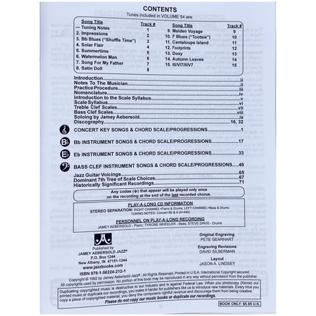 The image shows the table of contents from Jamey Aebersold Jazz Play-Along Volume 54, featuring 15 jazz standards like "Impressions" and "Autumn Leaves." It includes parts for various instruments, scale syllabuses, chord progressions, jazz guitar voicings, and practice tips. The play-along CD offers stereo-separated backing tracks by notable musicians, supporting interactive jazz improvisation and learning.