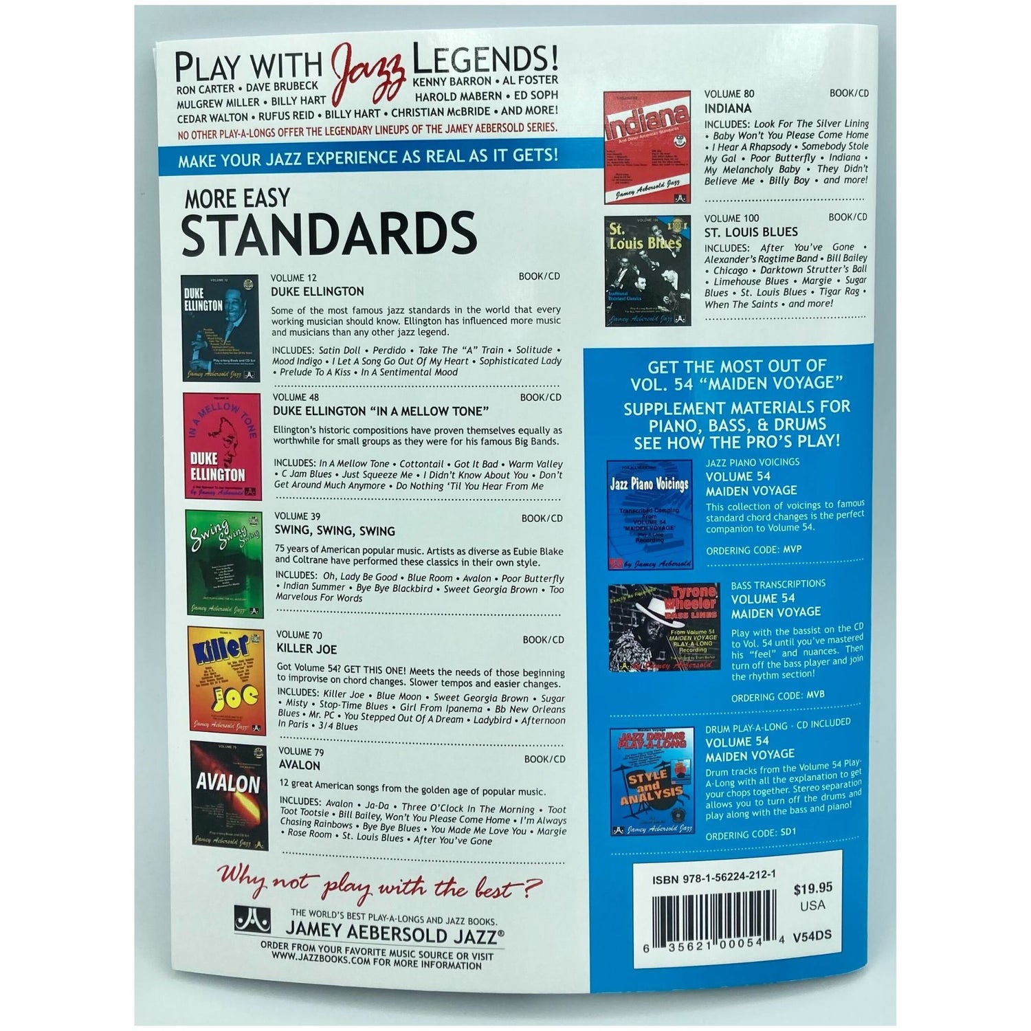 The image shows a Jamey Aebersold Jazz flyer promoting their "Play-A-Long" series. It features jazz standards collections like Duke Ellington (Vol. 12 & 48), Swing, Swing, Swing (Vol. 39), Killer Joe (Vol. 70), and Avalon (Vol. 79). Supplement materials include Indiana (Vol. 80), St. Louis Blues (Vol. 100), Jazz Piano Voicings (Vol. 54), bass transcriptions, and drum play-alongs. These products help musicians practice jazz with professional backing tracks.