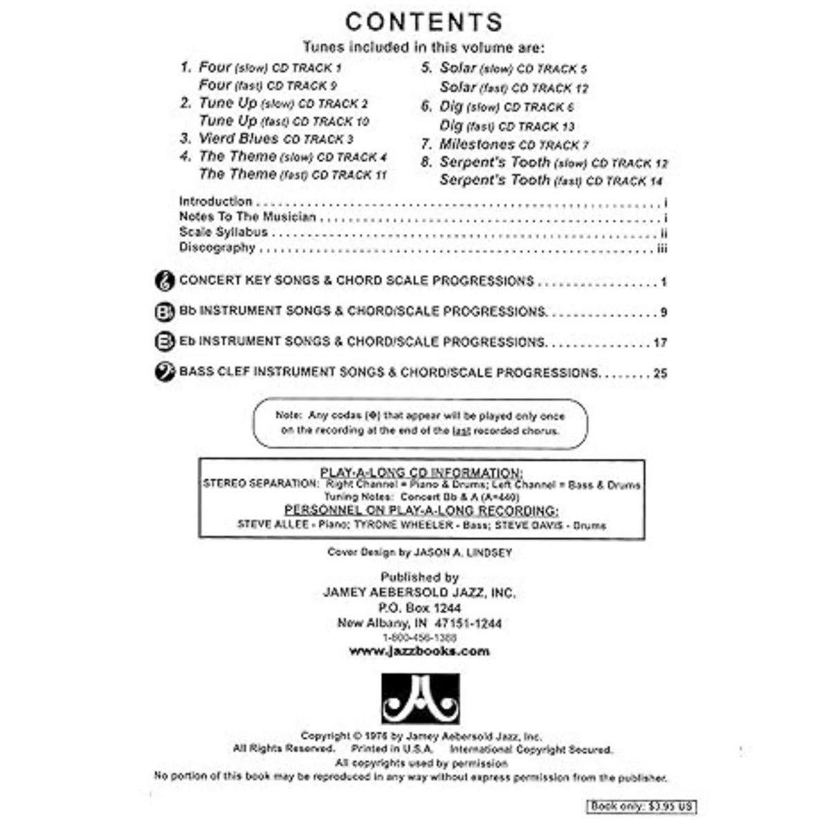 The image shows a contents page from a Jamey Aebersold Jazz play-along book with 8 jazz songs, each featuring slow and fast CD tracks. Music is arranged for Concert, Bb, Eb, and Bass Clef instruments. Features include chord scale progressions, scale syllabus, musician notes, and a stereo play-along CD. Published in 1978 by Jamey Aebersold Jazz, Inc., with professionals Steve Allee, Tyrone Wheeler, and Steve Davis.