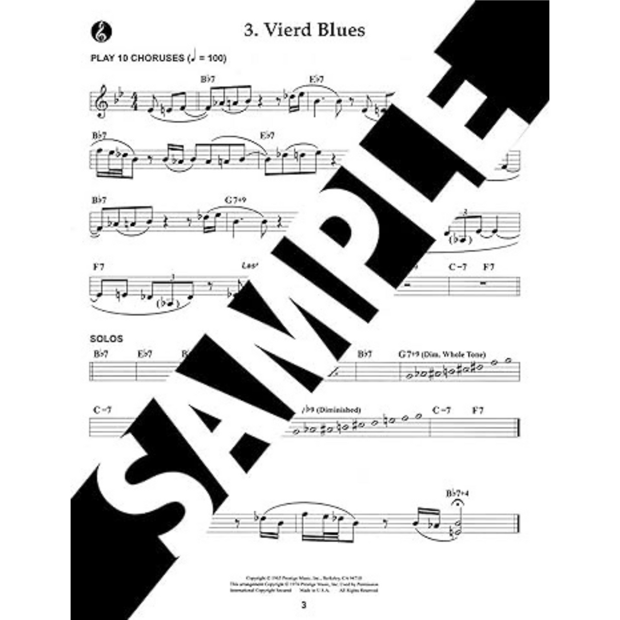 The image shows a sheet music page titled "3. Vierd Blues" featuring standard notation on treble clef, chord symbols (e.g., Bb7, F#7), a 4/4 time signature, and a flat key. It includes performance notes like "PLAY 10 CHORUSES (♩=100)" and a "SOLOS" section. A diagonal "SAMPLE" watermark covers the page, with the number "3" at the bottom. This is likely a jazz/blues instructional excerpt.