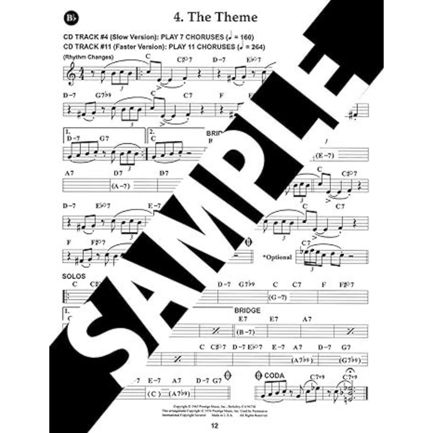 The image shows a page of sheet music titled "4. The Theme," likely from a jazz or contemporary collection. It features treble clef notation in B♭, jazz chord symbols (e.g., C∅7, D-7, G7♭5), performance notes referencing CD tracks with tempos, section labels like SOLOS and CODA, rhythm markings, and repeat signs. A "SAMPLE" watermark and copyright notice indicate it’s a preview from a published play-along book.