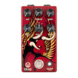 The image shows the Walrus Audio ERAS, a red distortion/overdrive guitar pedal featuring artwork of a horned, winged mythological creature. It has six knobs: Vol, Blend, Gain, Bass, Mode (III, IV, V), and Treb, plus a footswitch, LED indicator, and input/output jacks. Designed to shape electric guitar tones, it offers versatile sound modification with boutique-quality craftsmanship and distinctive design.