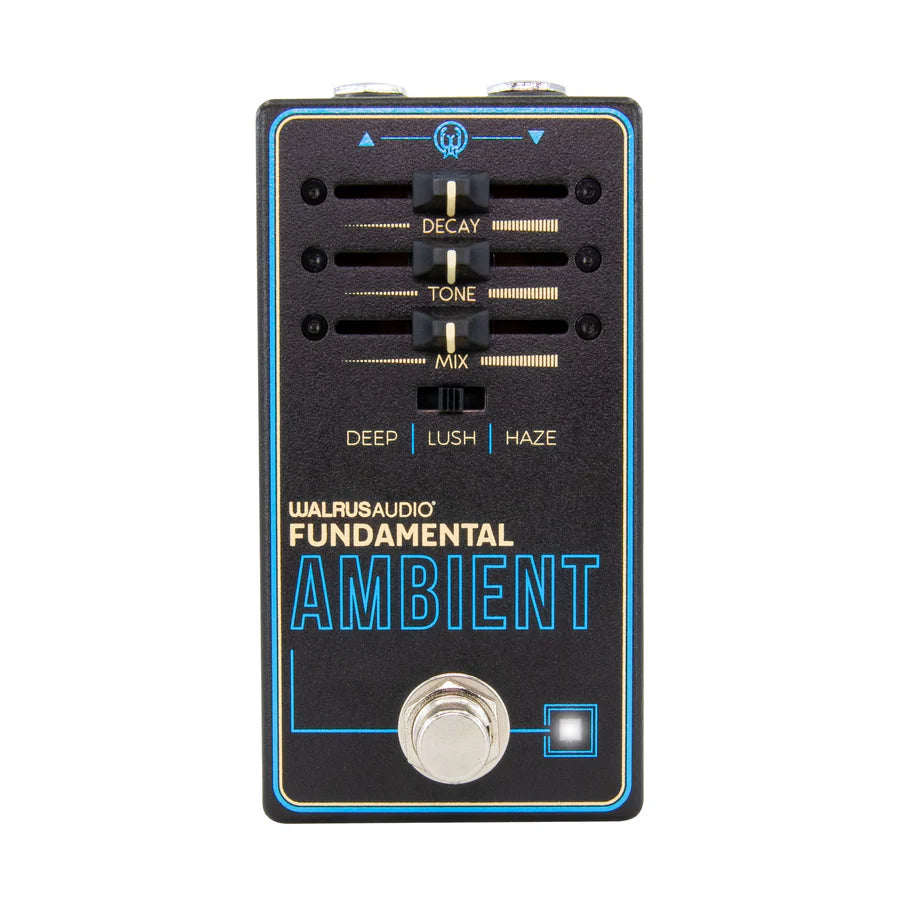 The image shows the Walrus Audio Fundamental Ambient, a compact guitar effects pedal with three sliders (Decay, Tone, Mix), a 3-position mode switch (Deep, Lush, Haze), a footswitch, and an LED indicator. Designed for ambient reverb and atmospheric sounds, it’s popular in genres like post-rock and shoegaze, offering lush, spacious textures in a compact, pedalboard-friendly design.