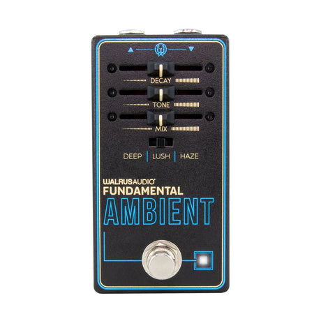 The image shows the Walrus Audio Fundamental Ambient, a compact guitar effects pedal with three sliders (Decay, Tone, Mix), a 3-position mode switch (Deep, Lush, Haze), a footswitch, and an LED indicator. Designed for ambient reverb and atmospheric sounds, it’s popular in genres like post-rock and shoegaze, offering lush, spacious textures in a compact, pedalboard-friendly design.