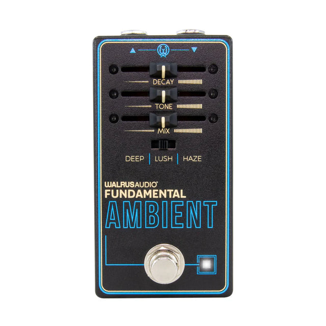 The image shows the Walrus Audio Fundamental Ambient, a compact guitar effects pedal with three sliders (Decay, Tone, Mix), a 3-position mode switch (Deep, Lush, Haze), a footswitch, and an LED indicator. Designed for ambient reverb and atmospheric sounds, it’s popular in genres like post-rock and shoegaze, offering lush, spacious textures in a compact, pedalboard-friendly design.