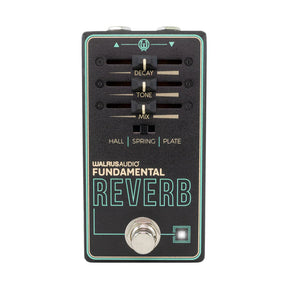 The image shows the "Fundamental Reverb" guitar effects pedal by Walrus Audio. It has three knobs (DECAY, TONE, MIX), a three-way toggle switch for HALL, SPRING, and PLATE reverb types, a bypass footswitch, and an LED indicator. The pedal features Walrus Audio’s signature black enclosure with teal graphics and adds ambient reverb effects to guitar sounds.