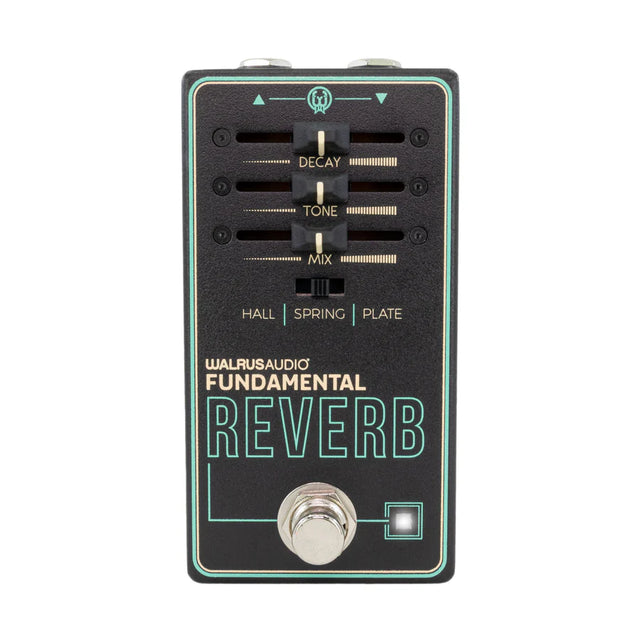 The image shows the "Fundamental Reverb" guitar effects pedal by Walrus Audio. It has three knobs (DECAY, TONE, MIX), a three-way toggle switch for HALL, SPRING, and PLATE reverb types, a bypass footswitch, and an LED indicator. The pedal features Walrus Audio’s signature black enclosure with teal graphics and adds ambient reverb effects to guitar sounds.