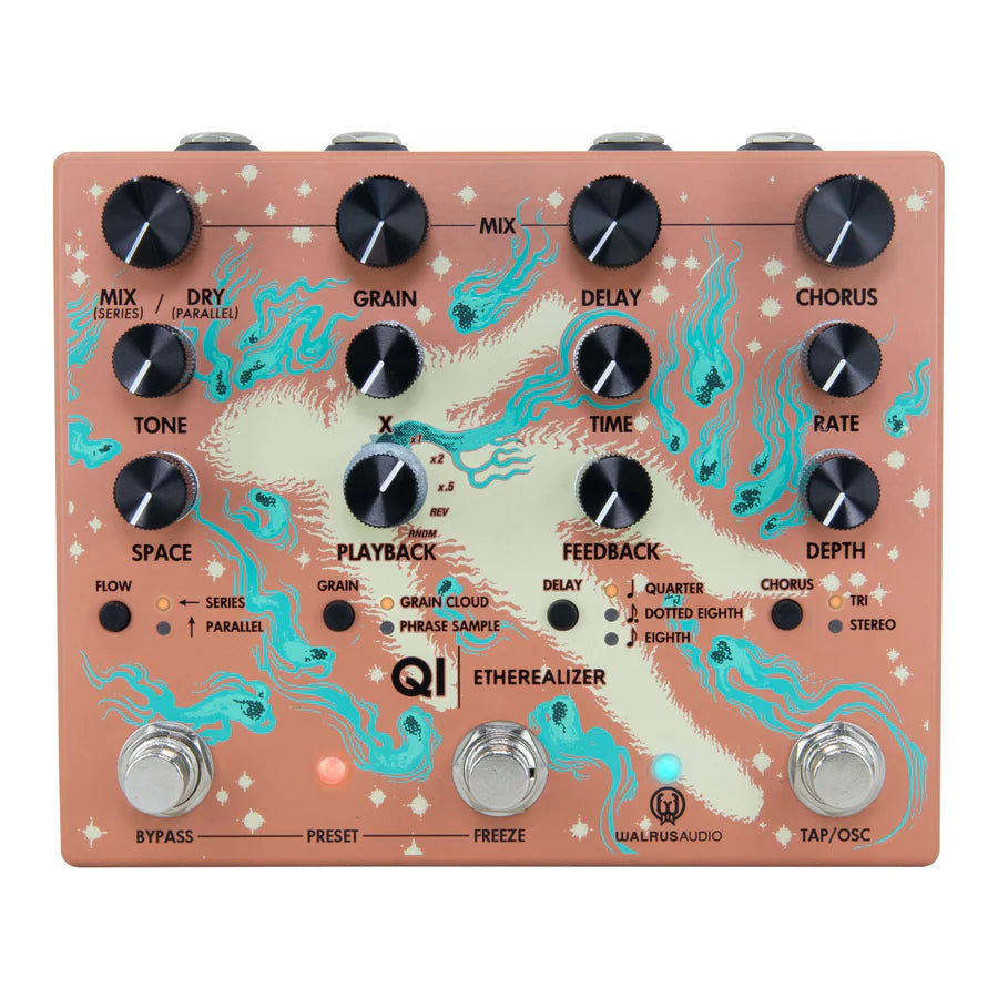 The image shows the Walrus Audio Qi ETHEREALIZER guitar effects pedal in coral with turquoise and white flowing designs. It has 12 knobs in three rows controlling mix, grain, delay, chorus, tone, time, rate, and more. Small switches select modes like flow (series/parallel), grain effects, delay, and chorus types. Three footswitches labeled BYPASS, PRESET, and FREEZE, plus a TAP/OSC function and LED indicator, complete the high-end multi-effect pedal designed for ambient, textured sounds.