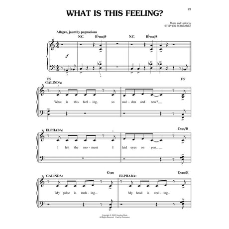 The image shows a page of sheet music titled "WHAT IS THIS FEELING?" by Stephen Schwartz from the musical *Wicked*. It features a piano/vocal duet for characters Galinda and Elphaba, marked "Allegro, jauntily pugnacious" in 4/4 time. Visible lyrics include "What is this feeling..." and chord symbols like B♭maj9 and Csus/D. The page number 23 and a 2003 Greydog Music copyright appear.