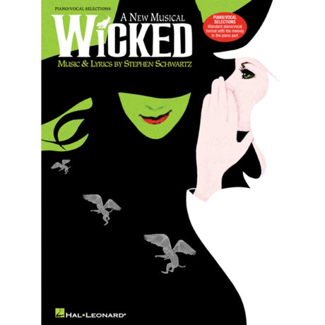 The image shows a piano/vocal selections songbook for the Broadway musical "Wicked" by Stephen Schwartz, published by Hal Leonard. The cover features the iconic design with Elphaba (green skin) and Glinda (white/pink), along with flying monkeys. The red badge marks it as piano/vocal format, containing piano arrangements, vocal melodies, lyrics, and guitar chords from the musical.