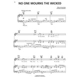 The image shows sheet music for "No One Mourns the Wicked" from *Wicked* by Stephen Schwartz. It features piano/vocal arrangement with treble and bass clefs, chord symbols (e.g., A♭/C, F♭add9), lyrics below the vocal line, and performance directions like "Flowing, not too slow" and "With pedal." The music is in A♭ major and is typical for pianists and vocalists performing this song.