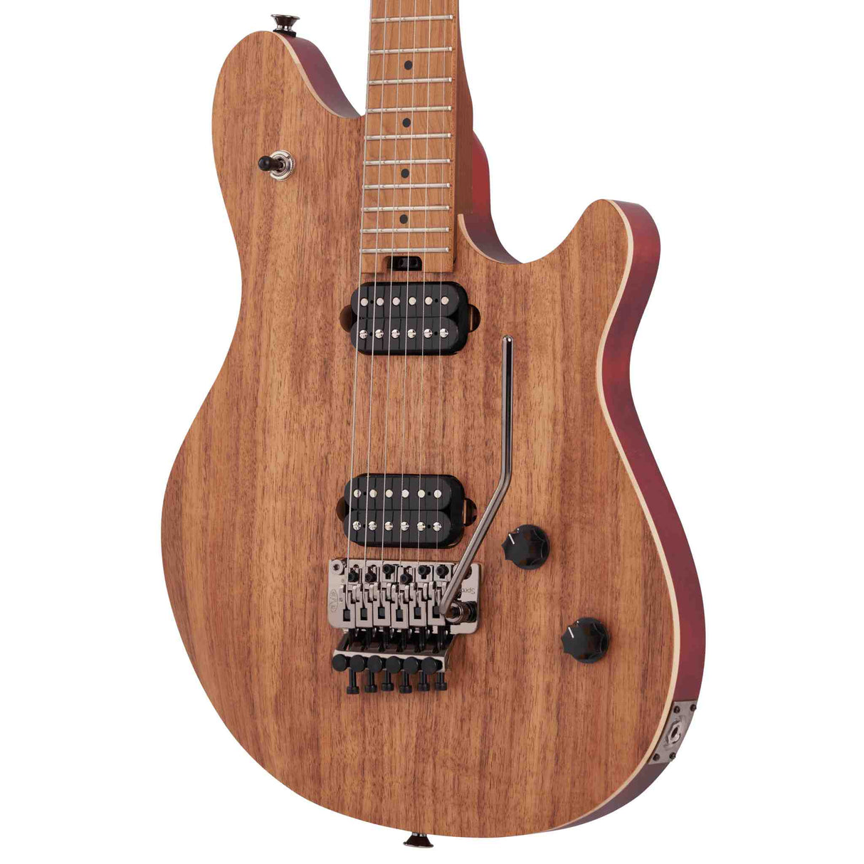 Close-up image of the body of a EVH Wolfgang® WG Standard Exotic Koa electric guitar. It has a black pickup switch, black control knobs and black humbuckers with a silver bridge and tremolo arm. 