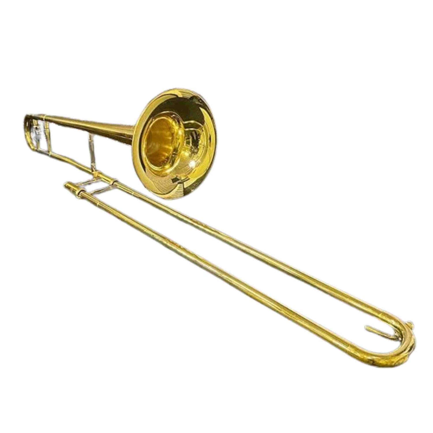 The image shows a brass tenor trombone with a shiny golden finish. Key features include the large flared bell, telescoping slide mechanism for pitch changes, and mouthpiece receiver (mouthpiece not visible). This classic low brass instrument, used in orchestras and bands, is distinctive for its slide instead of valves. The trombone is photographed against a white background, likely for catalog or educational use.