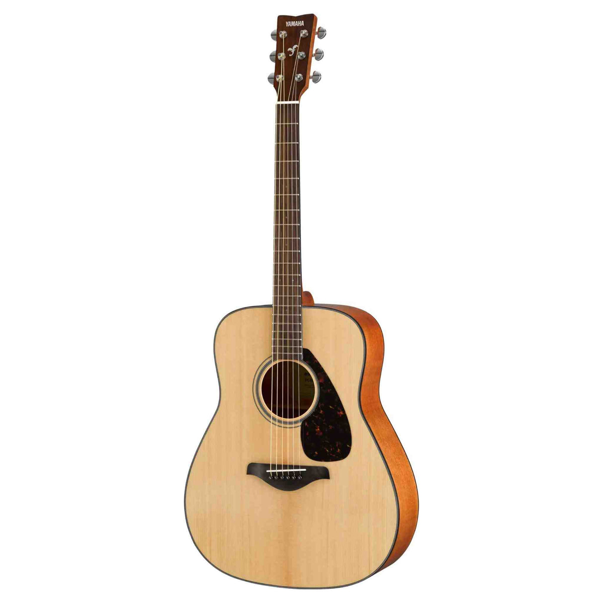 The image shows a Yamaha dreadnought acoustic guitar with a natural spruce top and darker wood back and sides. It features a round soundhole with a decorative rosette, a black teardrop pickguard, dark wood bridge, and chrome tuning pegs. The fretboard is dark with visible markers. This model likely belongs to Yamaha’s FG series, known for its quality sound, durability, and popularity among beginner to intermediate players.