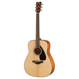 The image shows a Yamaha dreadnought acoustic guitar with a natural spruce top and darker wood back and sides. It features a round soundhole with a decorative rosette, a black teardrop pickguard, dark wood bridge, and chrome tuning pegs. The fretboard is dark with visible markers. This model likely belongs to Yamaha’s FG series, known for its quality sound, durability, and popularity among beginner to intermediate players.