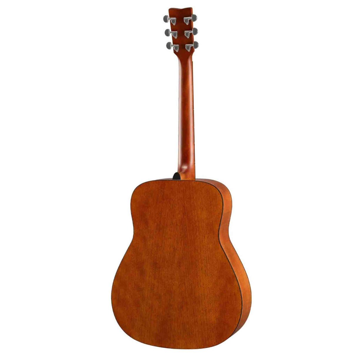 The image shows the back of an acoustic guitar with a warm reddish-brown wood finish and visible grain. It features six chrome tuning pegs on the headstock, a long straight neck, and a classic curved body with darker binding along the edges. The guitar’s amber-toned stain highlights its natural wood, suggesting a well-crafted, mid- to high-end instrument. The guitar is photographed against a white background, likely for retail display.