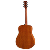 The image shows the back of an acoustic guitar with a warm reddish-brown wood finish and visible grain. It features six chrome tuning pegs on the headstock, a long straight neck, and a classic curved body with darker binding along the edges. The guitar’s amber-toned stain highlights its natural wood, suggesting a well-crafted, mid- to high-end instrument. The guitar is photographed against a white background, likely for retail display.