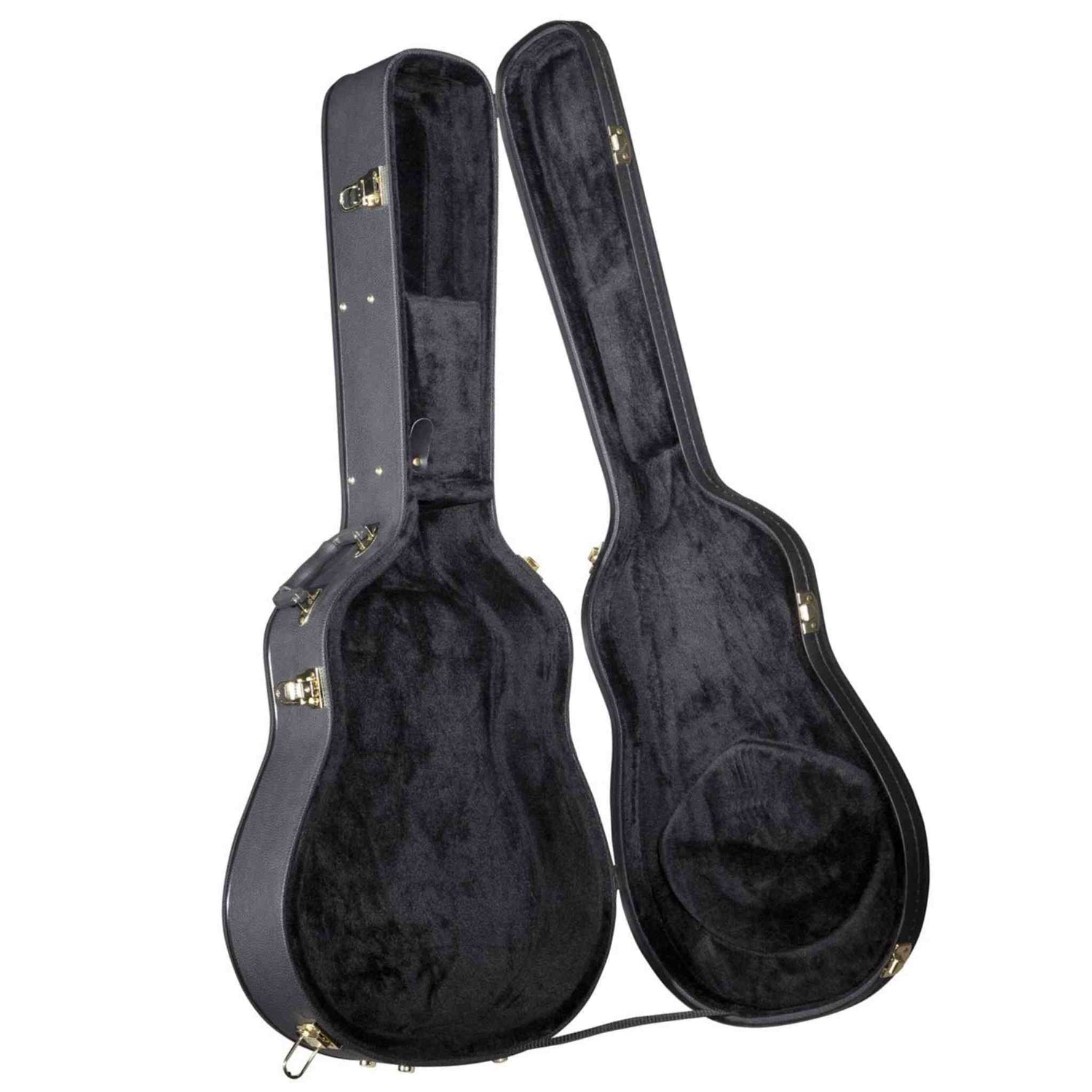 An open black guitar cases with black plush padding inside on a white background