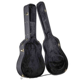 An open black guitar cases with black plush padding inside on a white background