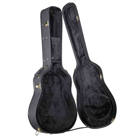 An open black guitar cases with black plush padding inside on a white background