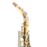 Mouthpiece of a  Gold Yamaha YAS-200ADII Saxophone on a white background