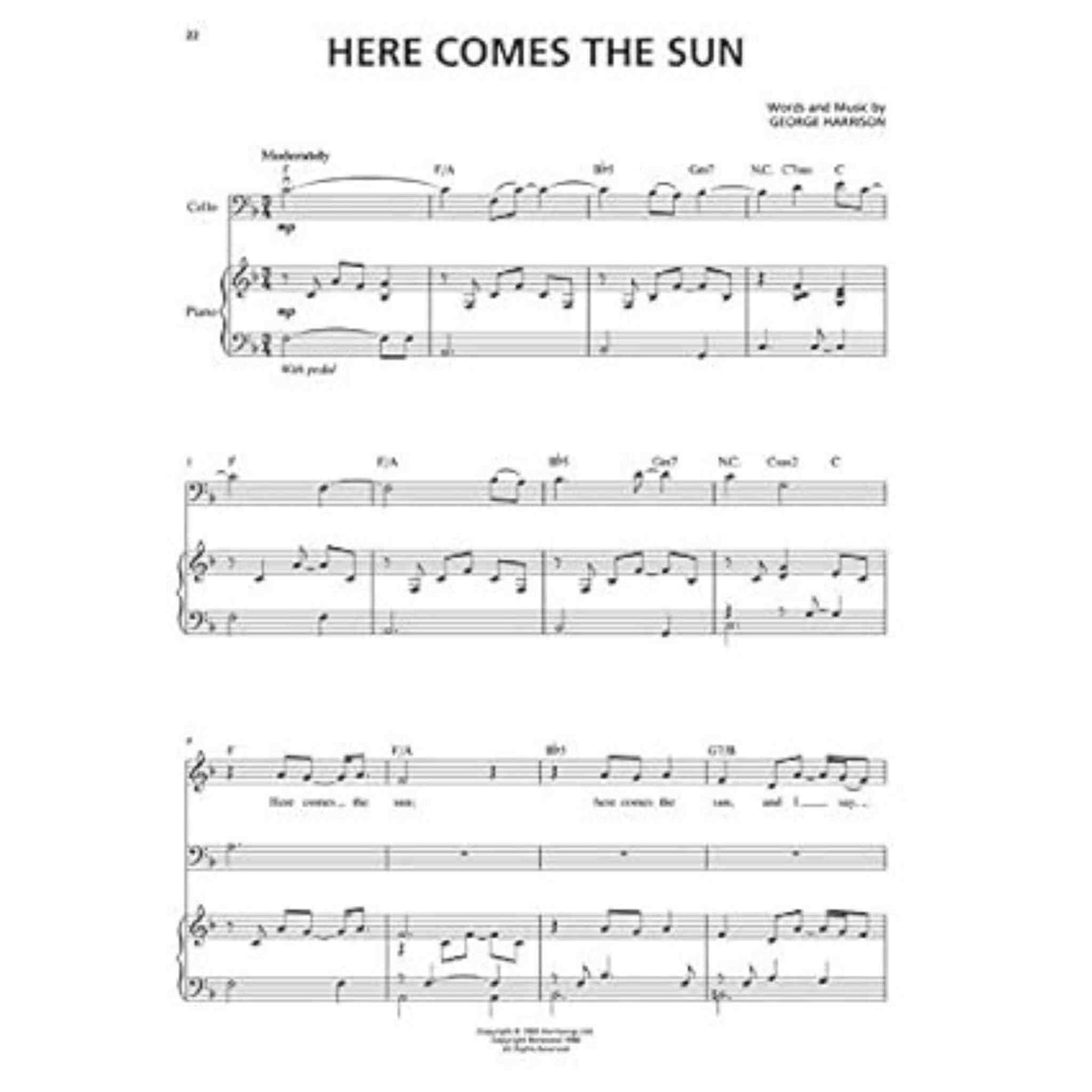 The image shows sheet music for "Here Comes the Sun" by George Harrison, featuring piano and vocal staves with treble and bass clefs. It includes guitar chord symbols (e.g., F/A, Bb, Gm9), lyrics ("Here comes the sun"), standard musical notation, and performance markings like "Moderately" and "mp." This professional arrangement supports piano, voice, and guitar, typical of contemporary popular music scores.