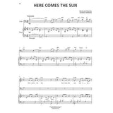 The image shows sheet music for "Here Comes the Sun" by George Harrison, featuring piano and vocal staves with treble and bass clefs. It includes guitar chord symbols (e.g., F/A, Bb, Gm9), lyrics ("Here comes the sun"), standard musical notation, and performance markings like "Moderately" and "mp." This professional arrangement supports piano, voice, and guitar, typical of contemporary popular music scores.