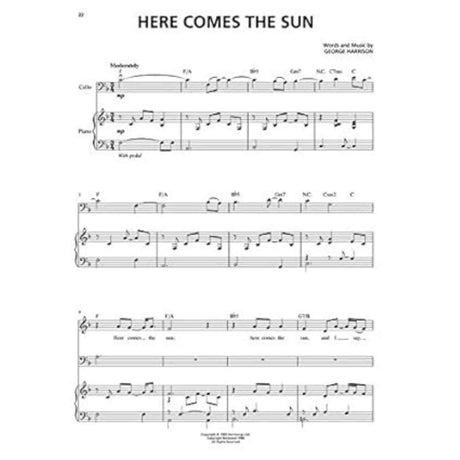 The image shows sheet music for "Here Comes the Sun" by George Harrison, featuring piano and vocal staves with treble and bass clefs. It includes guitar chord symbols (e.g., F/A, Bb, Gm9), lyrics ("Here comes the sun"), standard musical notation, and performance markings like "Moderately" and "mp." This professional arrangement supports piano, voice, and guitar, typical of contemporary popular music scores.