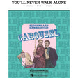 The image shows sheet music for "You'll Never Walk Alone" from Rodgers and Hammerstein's "Carousel," arranged for piano, vocal, and guitar. Published by Williamson Music and distributed by Hal Leonard, the cover features vintage artwork of a woman in a burgundy dress, a man in period attire, and a carousel horse. The teal background has a treble clef pattern, highlighting the musical theme of this classic show tune.