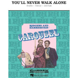 The image shows sheet music for "You'll Never Walk Alone" from Rodgers and Hammerstein's "Carousel," arranged for piano, vocal, and guitar. Published by Williamson Music and distributed by Hal Leonard, the cover features vintage artwork of a woman in a burgundy dress, a man in period attire, and a carousel horse. The teal background has a treble clef pattern, highlighting the musical theme of this classic show tune.