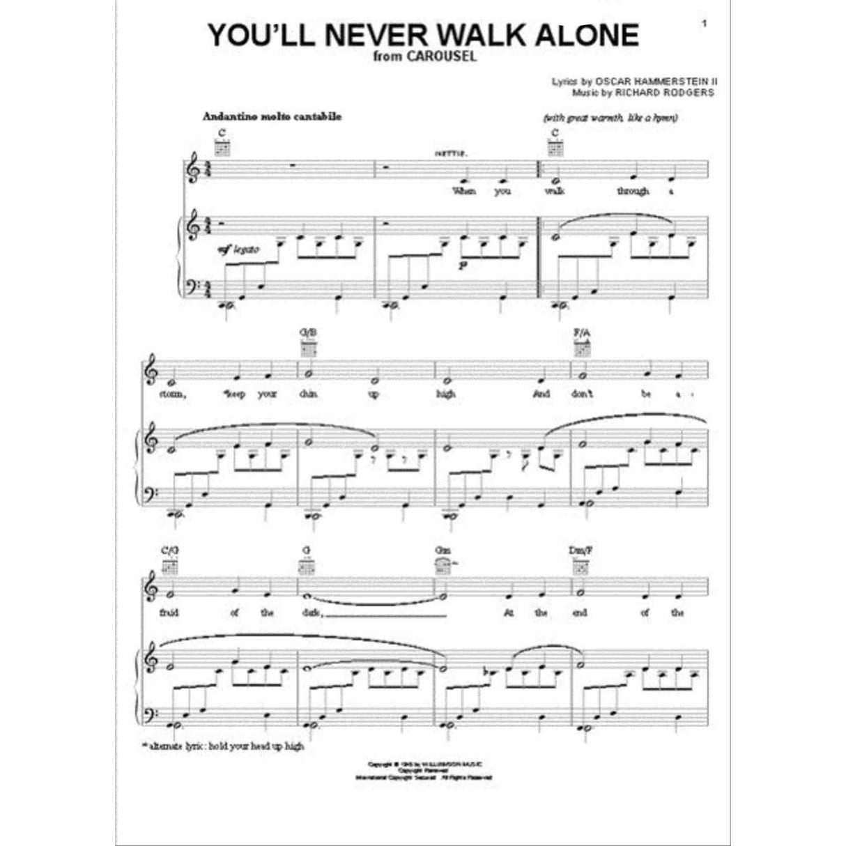 The image shows sheet music for "You'll Never Walk Alone" from Carousel, with lyrics by Oscar Hammerstein II and music by Richard Rodgers. It features piano and vocal parts, treble and bass clefs, chord symbols, lyrics under the melody, dynamic markings like "mp," and performance directions such as "Andantino molto cantabile" and legato phrasing. This classic Broadway score is professionally arranged for piano and voice.