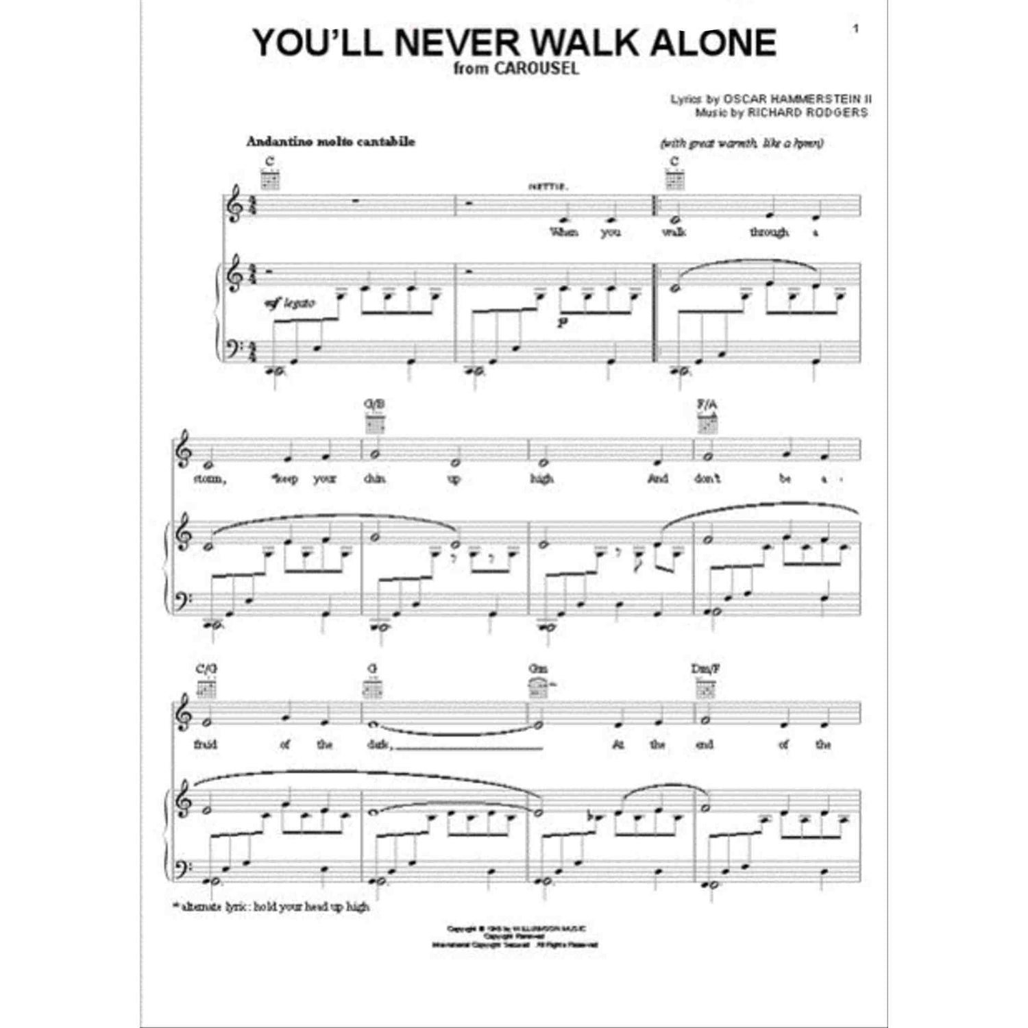 The image shows sheet music for "You'll Never Walk Alone" from Carousel, with lyrics by Oscar Hammerstein II and music by Richard Rodgers. It features piano and vocal parts, treble and bass clefs, chord symbols, lyrics under the melody, dynamic markings like "mp," and performance directions such as "Andantino molto cantabile" and legato phrasing. This classic Broadway score is professionally arranged for piano and voice.
