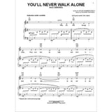 The image shows sheet music for "You'll Never Walk Alone" from Carousel, with lyrics by Oscar Hammerstein II and music by Richard Rodgers. It features piano and vocal parts, treble and bass clefs, chord symbols, lyrics under the melody, dynamic markings like "mp," and performance directions such as "Andantino molto cantabile" and legato phrasing. This classic Broadway score is professionally arranged for piano and voice.